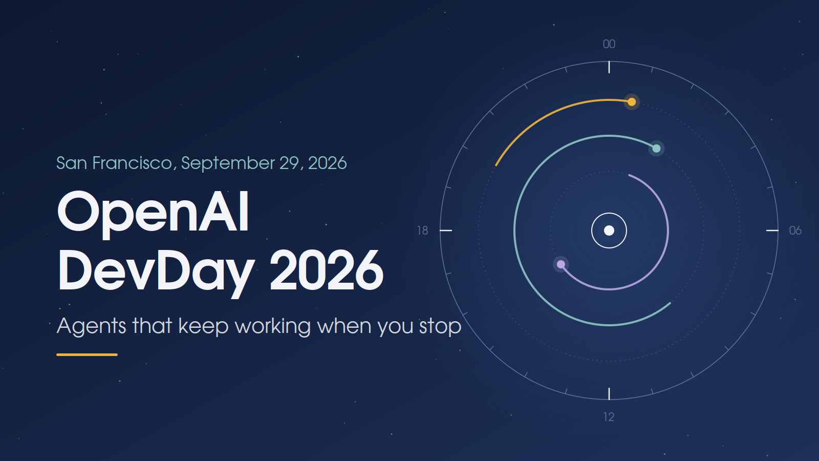 A 24-hour clock with three agents orbiting a centre, beside the title OpenAI DevDay 2026
